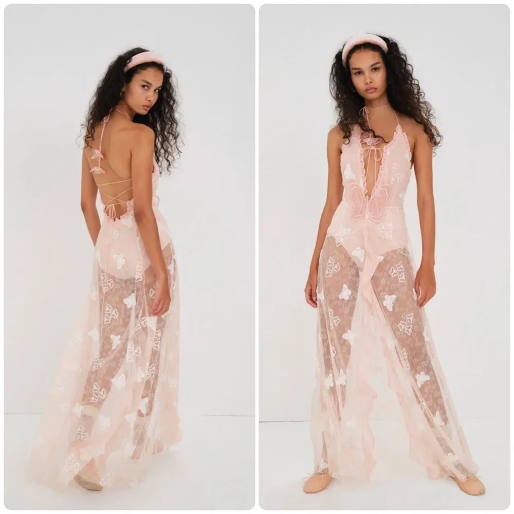 New! For Love & Lemons Beckett Lace Sheer Butterfly Sequin Bodysuit Maxi Dress M - Picture 2 of 16